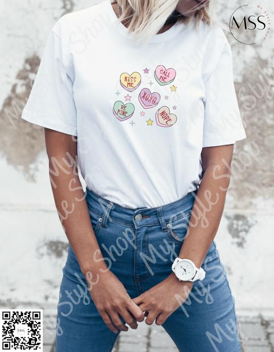 Candy Heart T-shirt | Heart Candy’s | Retro | White | Valentines | 100 % Polyester | Cotton Feel | Sublimation My Style Shop