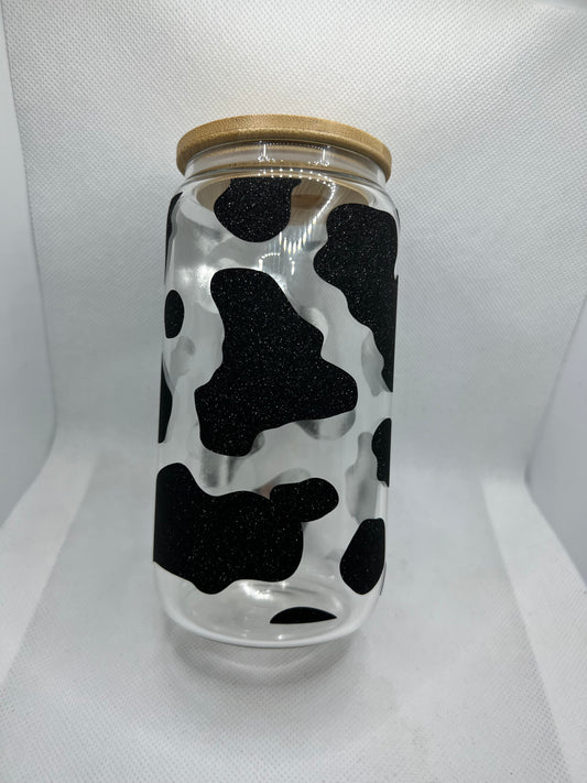 Cow Glass Can | Cup | 16oz | Coffee | Glitter Black | Cow Pattern | Shimmer | Permanent | Lid & Straw My Style Shop