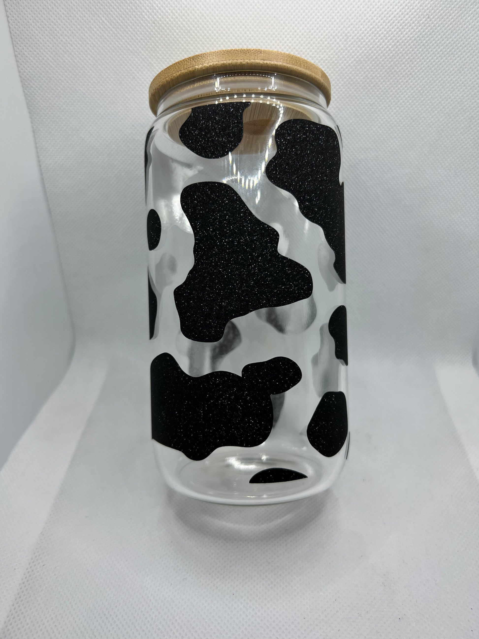 Glass Tumbler with Bamboo Straw & Lid | Iced Coffee Cup | Glitter Cow Print  Glass Tumbler | Mason Jar | 24oz Resuable Cup | Boba Cup